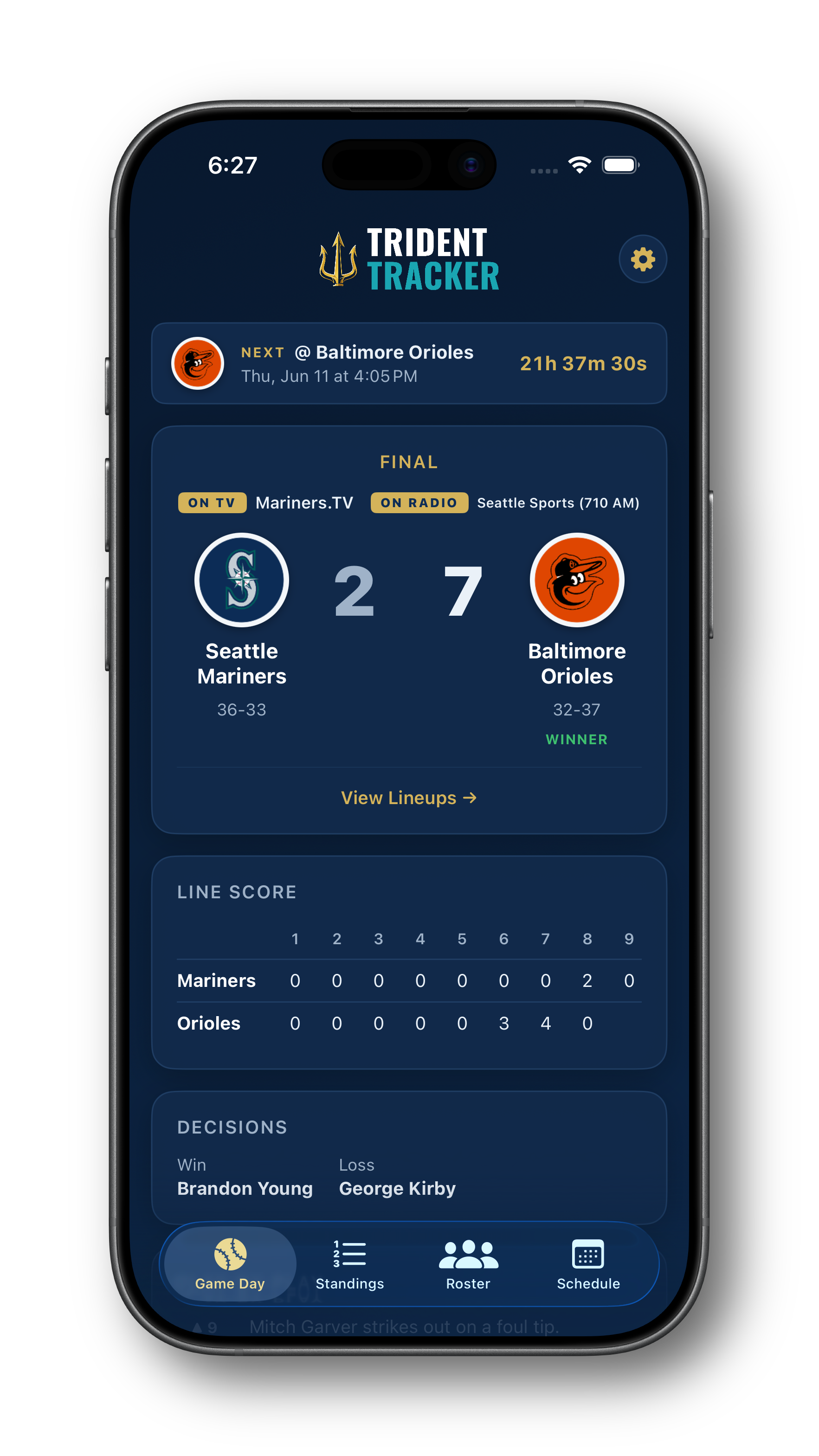 Trident Tracker Game Day screen